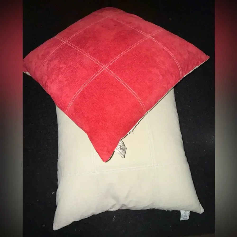 WOOLRICH RED GENUINE LEATHER SUEDE FEATHER INSERT LINEN BLEND BACK PILLOW SET